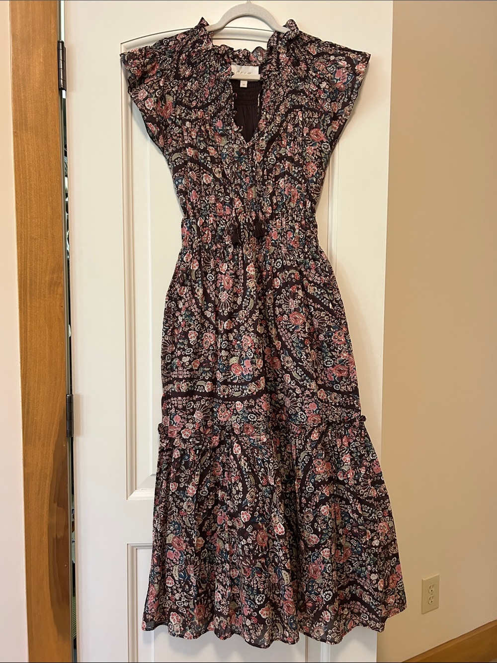 Cleobella Indira Ankle Dress  Pink Floral Print. Smocked at Neckline. Stunning